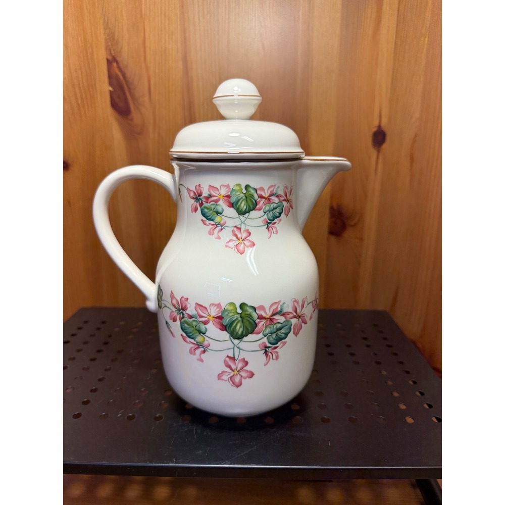 Royal China Country Flower Lidded Coffee Pot Pink Floral Gold Trim 9.25"